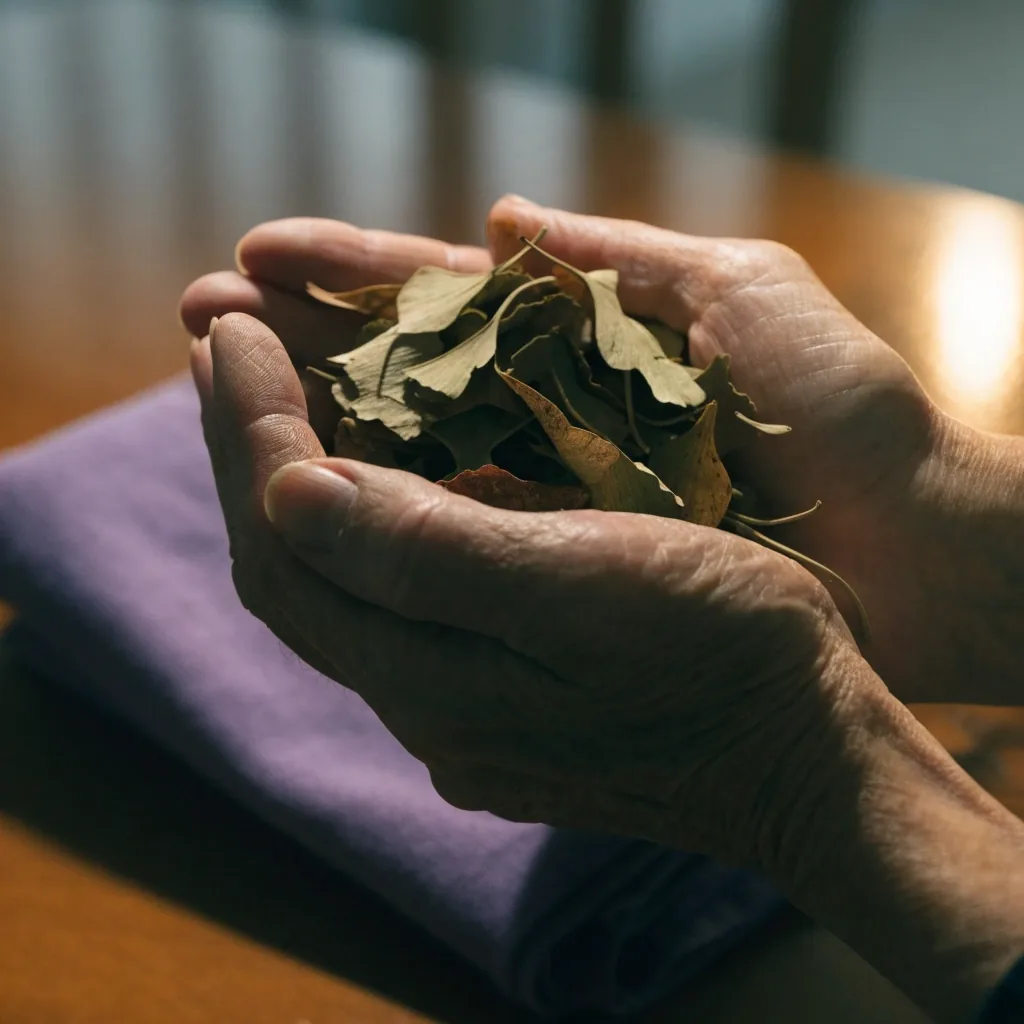 Ginkgoblatt auf violettem Leinentuch unter warmem Lampenlicht