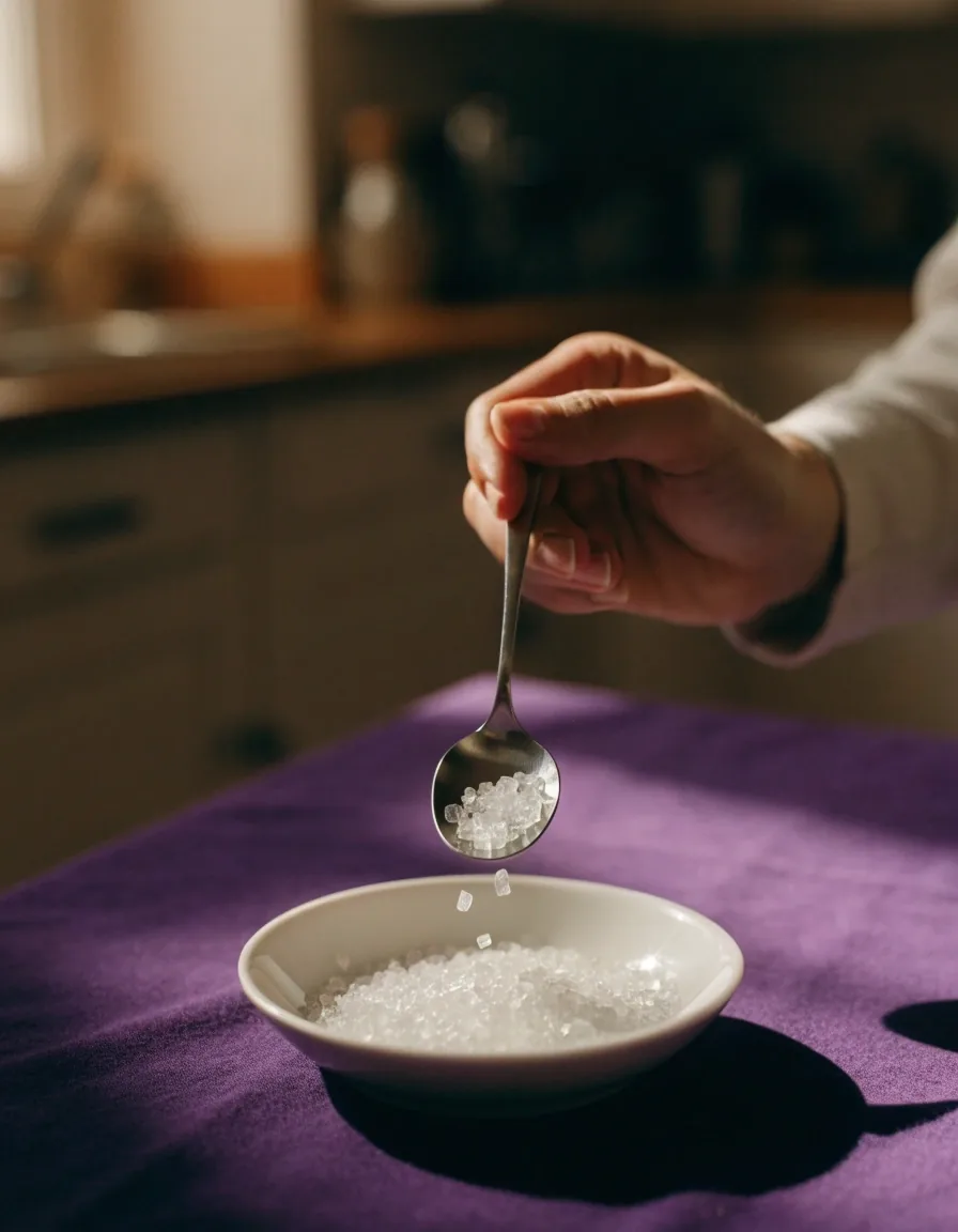 Magnesiumchlorid-Flocken in einer flachen Keramikschale auf violettem Stoff