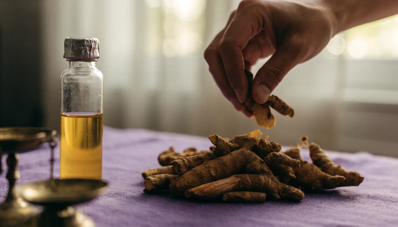 Arbeitstisch mit Curcuma-Wurzel, Ölschale, Glasfläschchen und Waage auf violettem Tuch