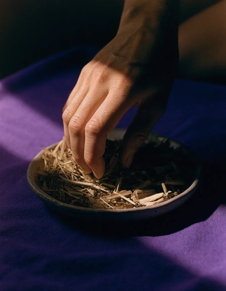Hand, die getrocknetes Pflanzenmaterial über einer flachen Schale auf violettem Tuch siebt
